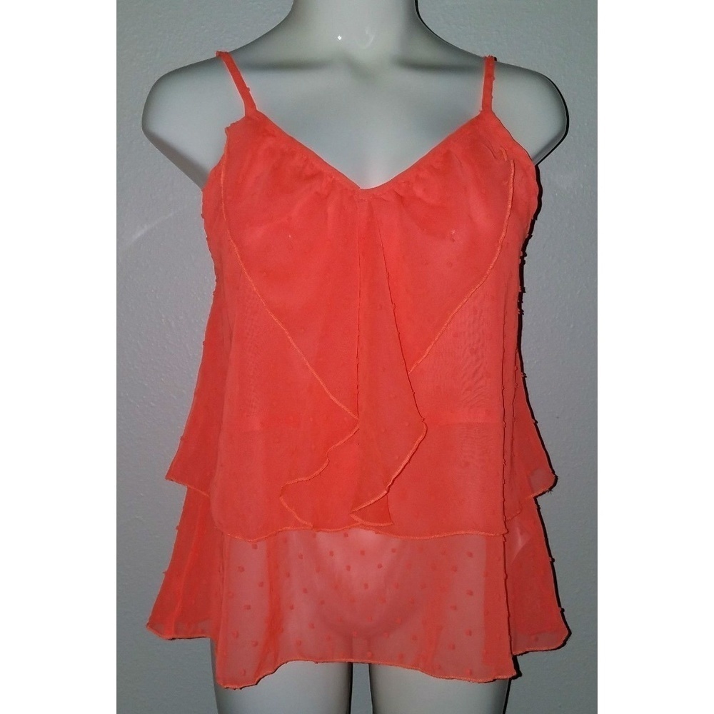 NWT Maurices Coral Swiss Dot Tank Top Size Small Semi Sheer Ruffle Front
